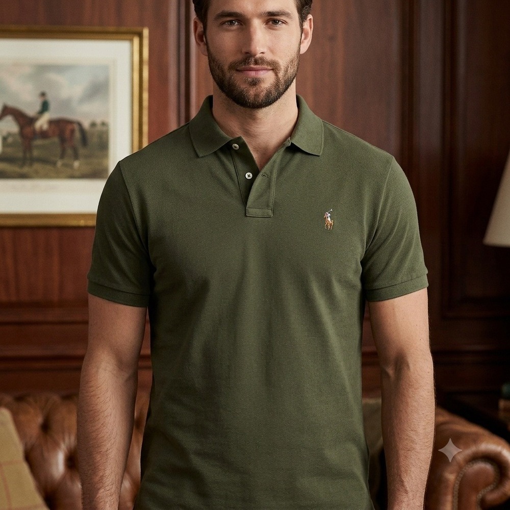 Polo Ralph Lauren Polo Shirt Mens XL Olive Green Custom Slim Fit Flesh Pony Logo